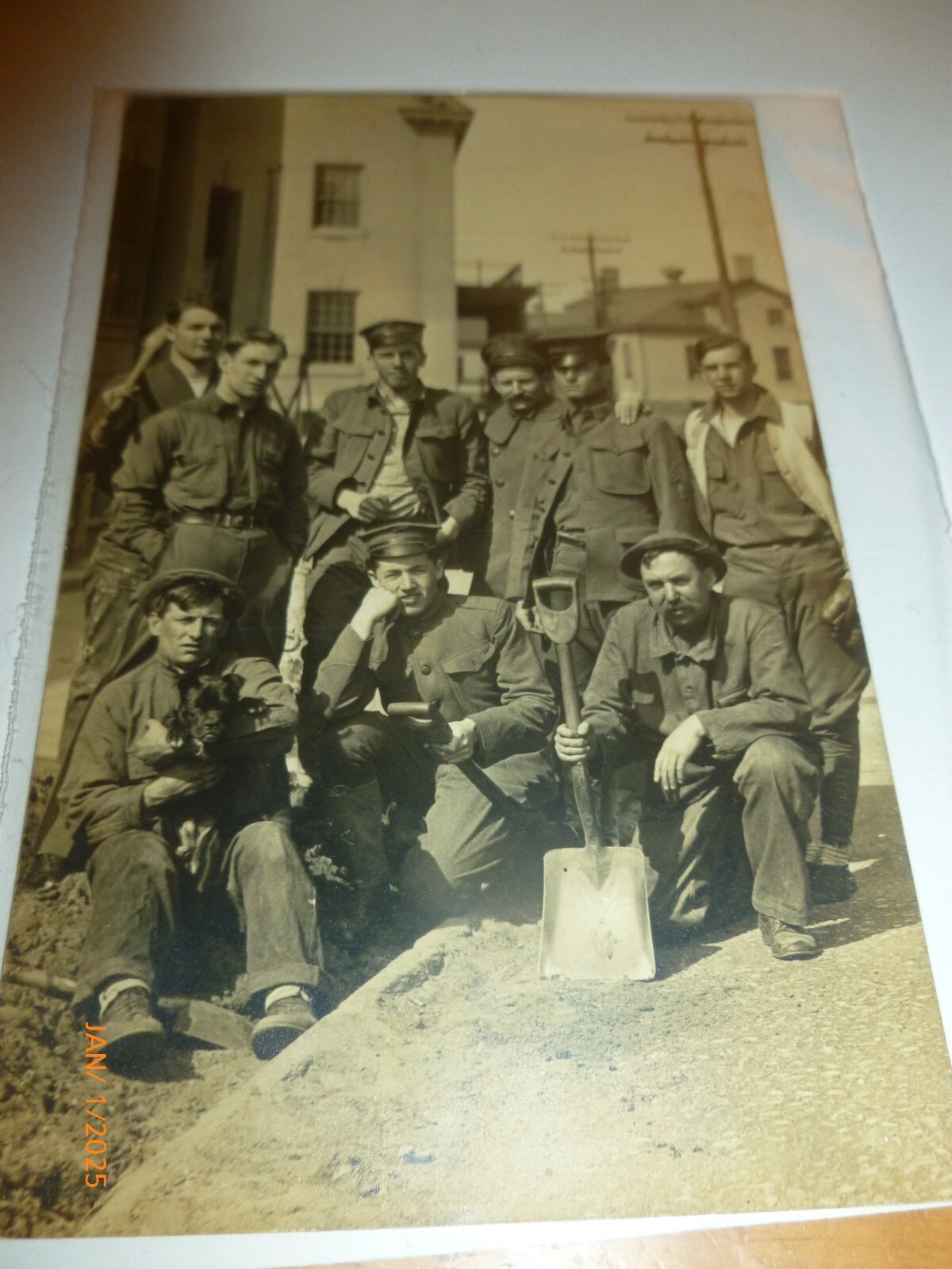 1914-1918 WWI Military Soldiers With Dog And Shovel Sepia RPPC 1914-1918 WWI Military Soldiers With Dog And Shovel Sepia RPPC