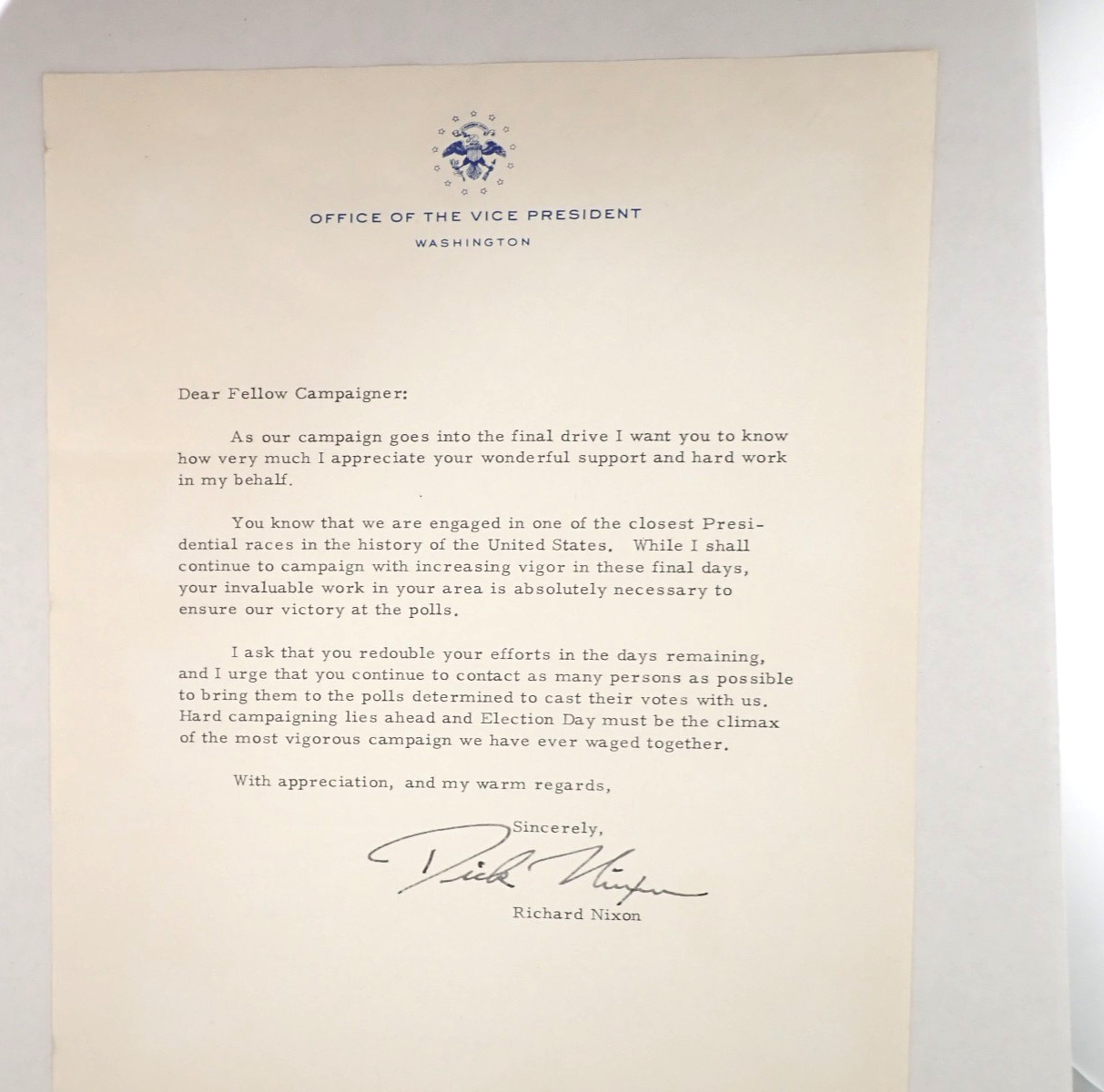 1960 Richard Nixon Signed Campaign Letter Office of Vice President Facsimile 1960 Richard Nixon Signed Campaign Letter Office of Vice President Facsimile