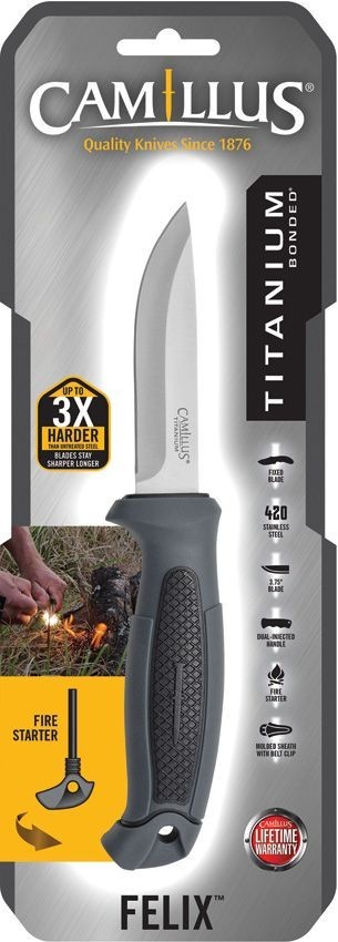 Camillus Felix Fixed Knife 3¾" Titanium 420 Steel Blade Injection Molded Handle Camillus Felix Fixed Knife 3¾" Titanium 420 Steel Blade Injection Molded Handle