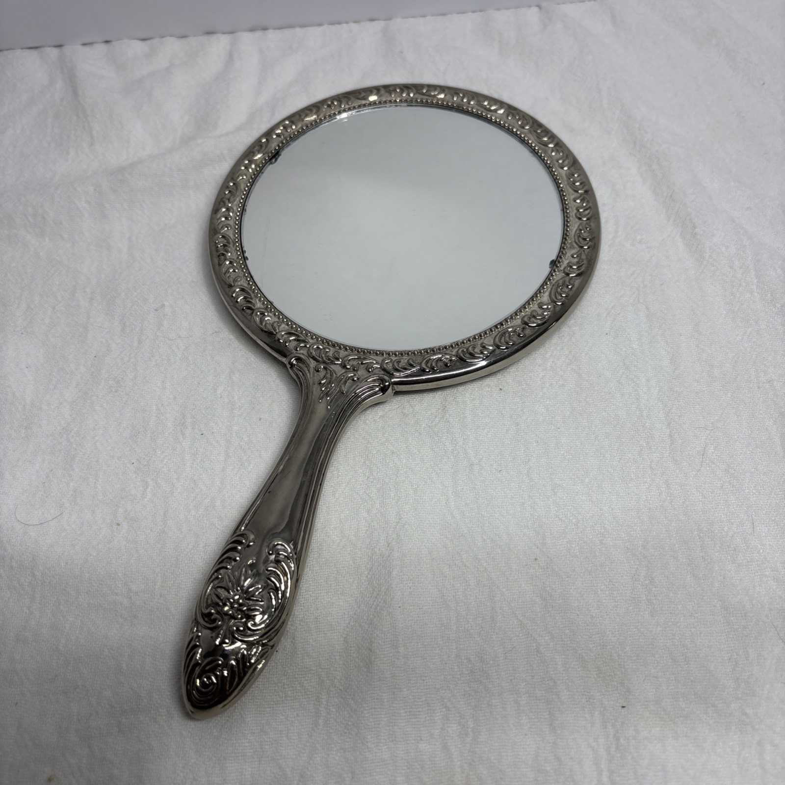 Vintage Silverplate Solid Mirror Ornate Victorian Style Vanity Dresser Mirror 9”