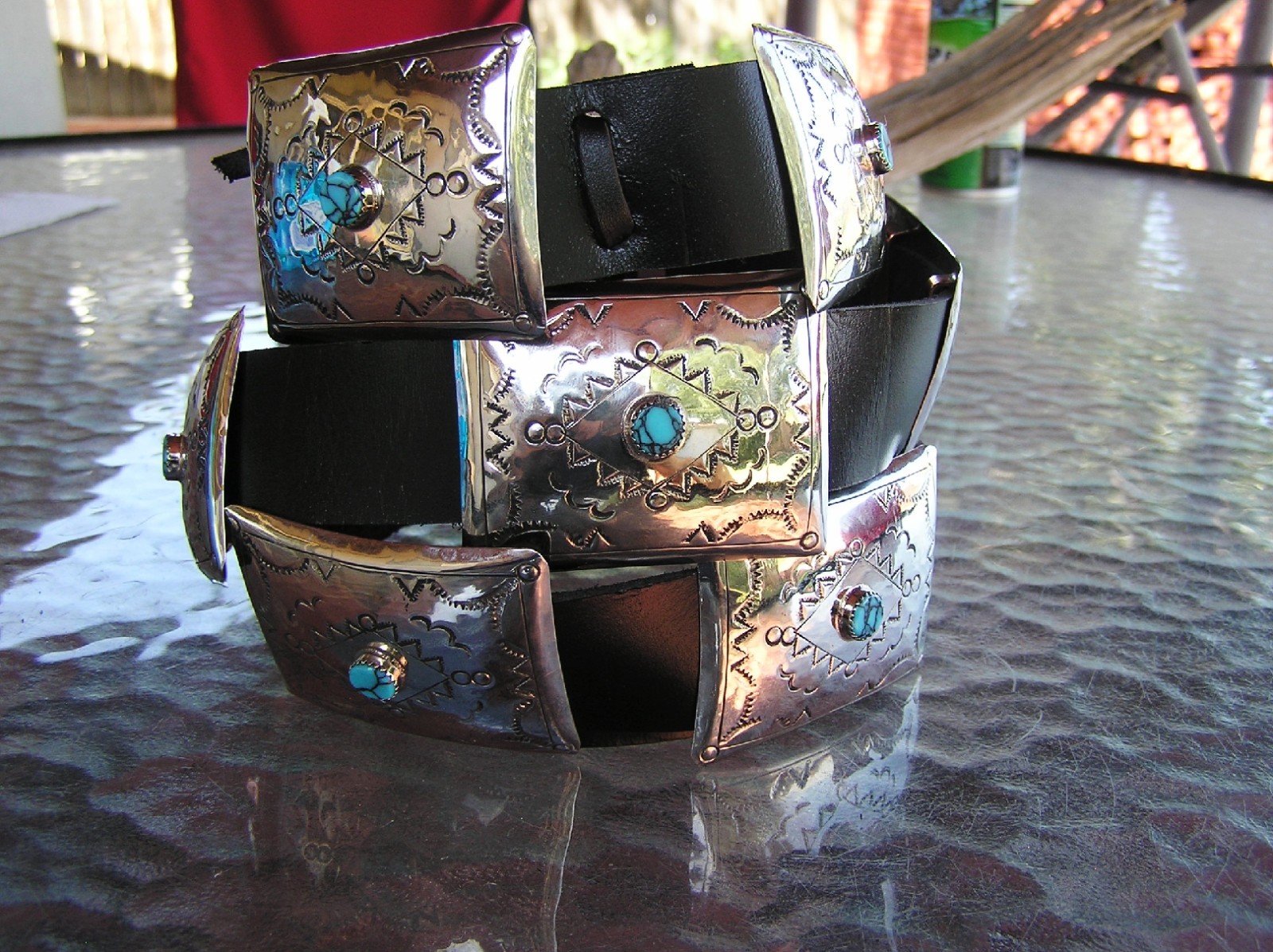 Very Nice Navajo Indian Handmade Turquoise & Nickel Silver Concho Belt. Very Nice Navajo Indian Handmade Turquoise & Nickel Silver Concho Belt.