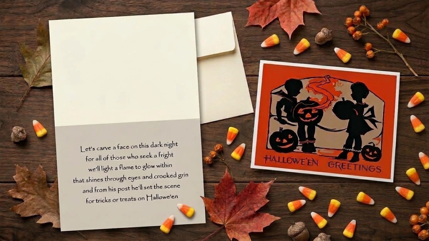 New Vintage Style Halloween Greeting Card Kids Carving Jack O Lanterns Poem