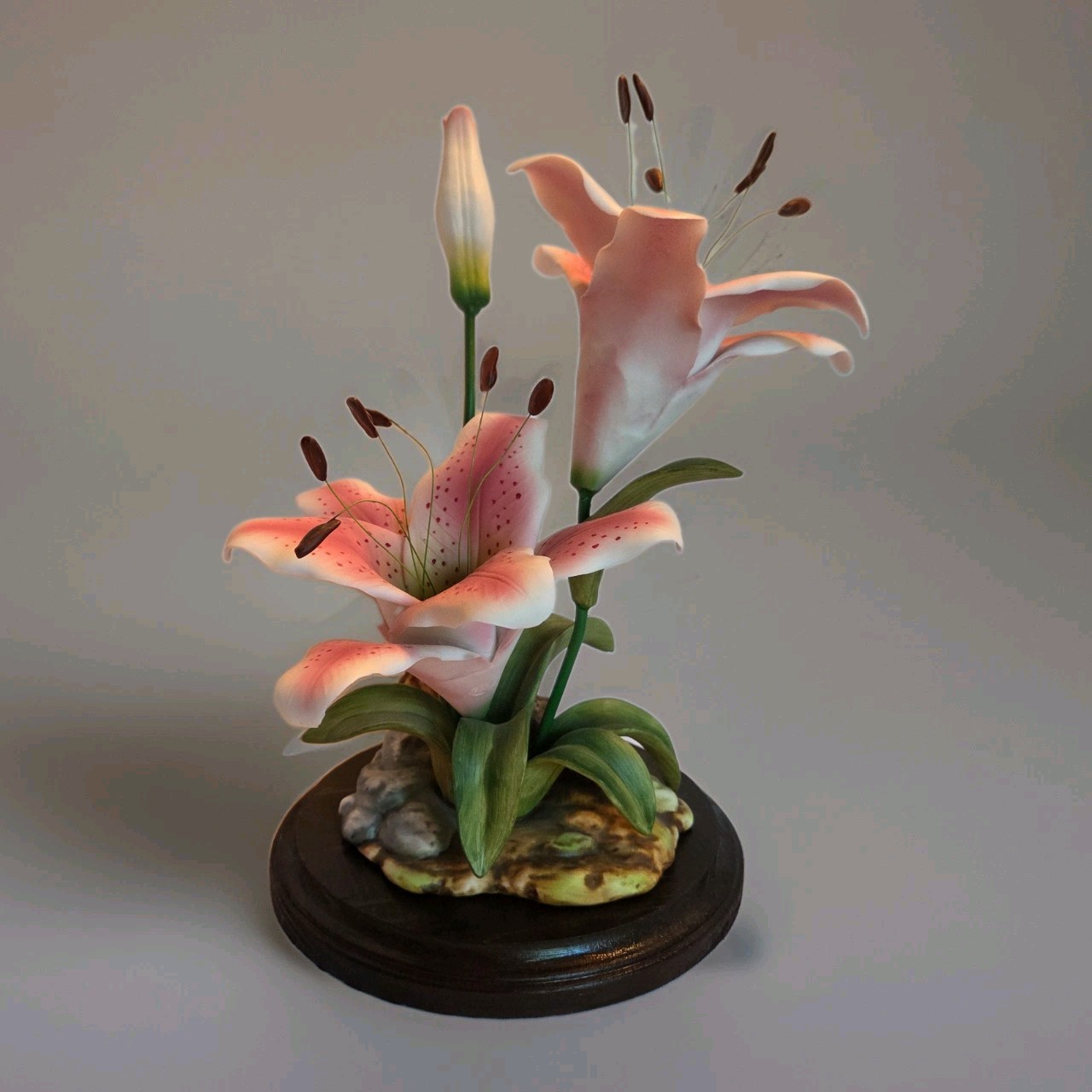 Vintage Andrea by Sadek Stargazer Lilies Porcelain Figural with Wood Base-10"