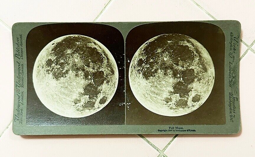 Stereoscope Card 1899 View of Full Moon Underwood & Underwood Stars Planets