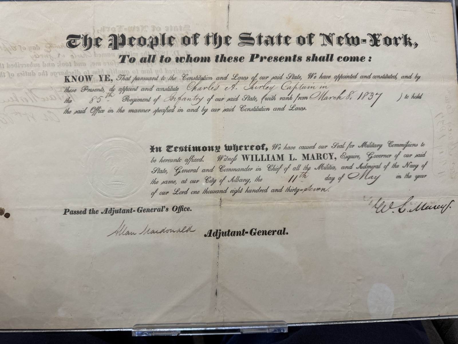 Governor William L Marcy - 1837 Military appointment - NY Historical Manuscript Governor William L Marcy - 1837 Military appointment - NY Historical Manuscript