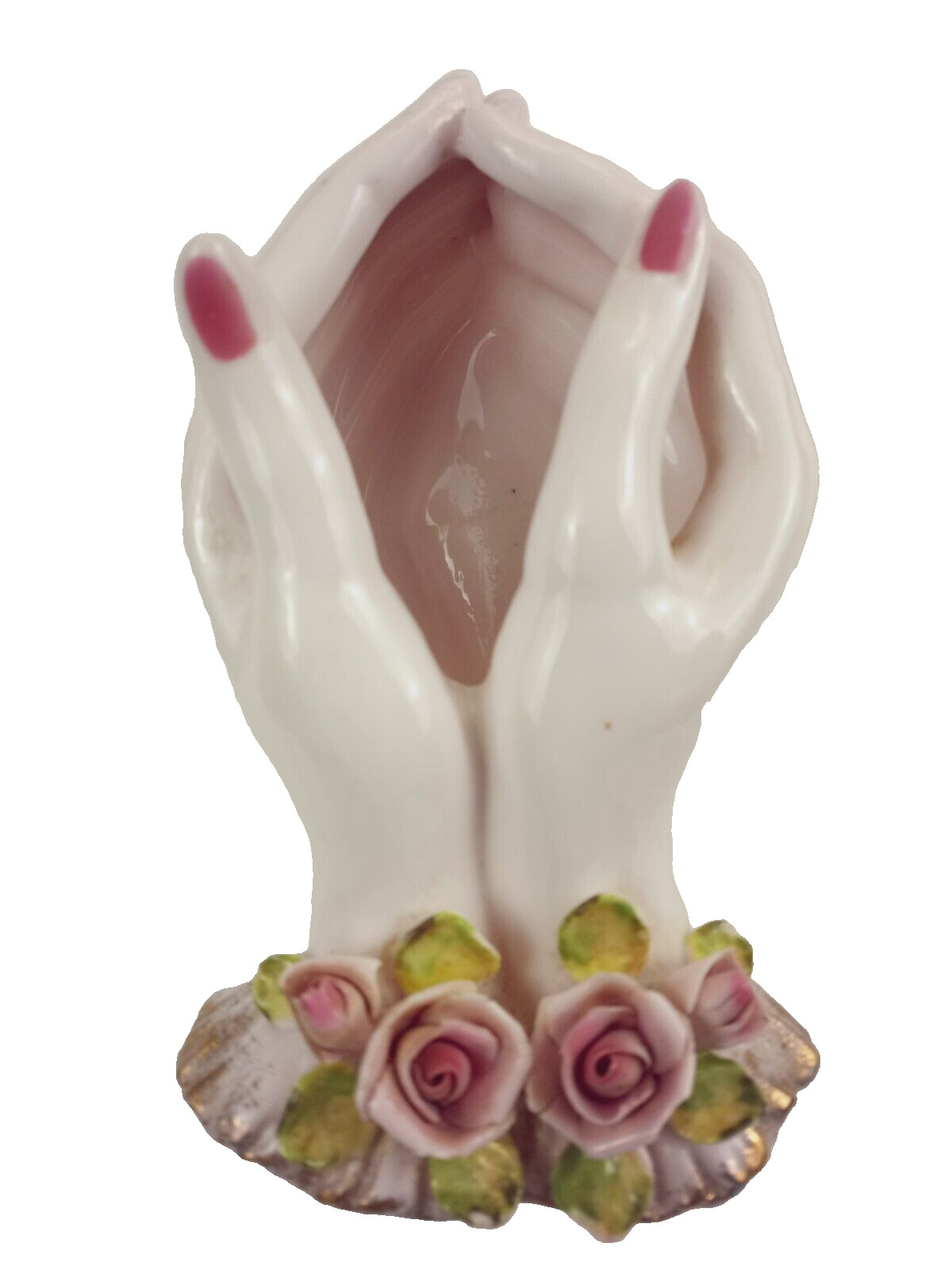 Lefton Pink Lady Hands Rose Jewelry Trinket Vanity Porcelain Occupied Japan Vtg