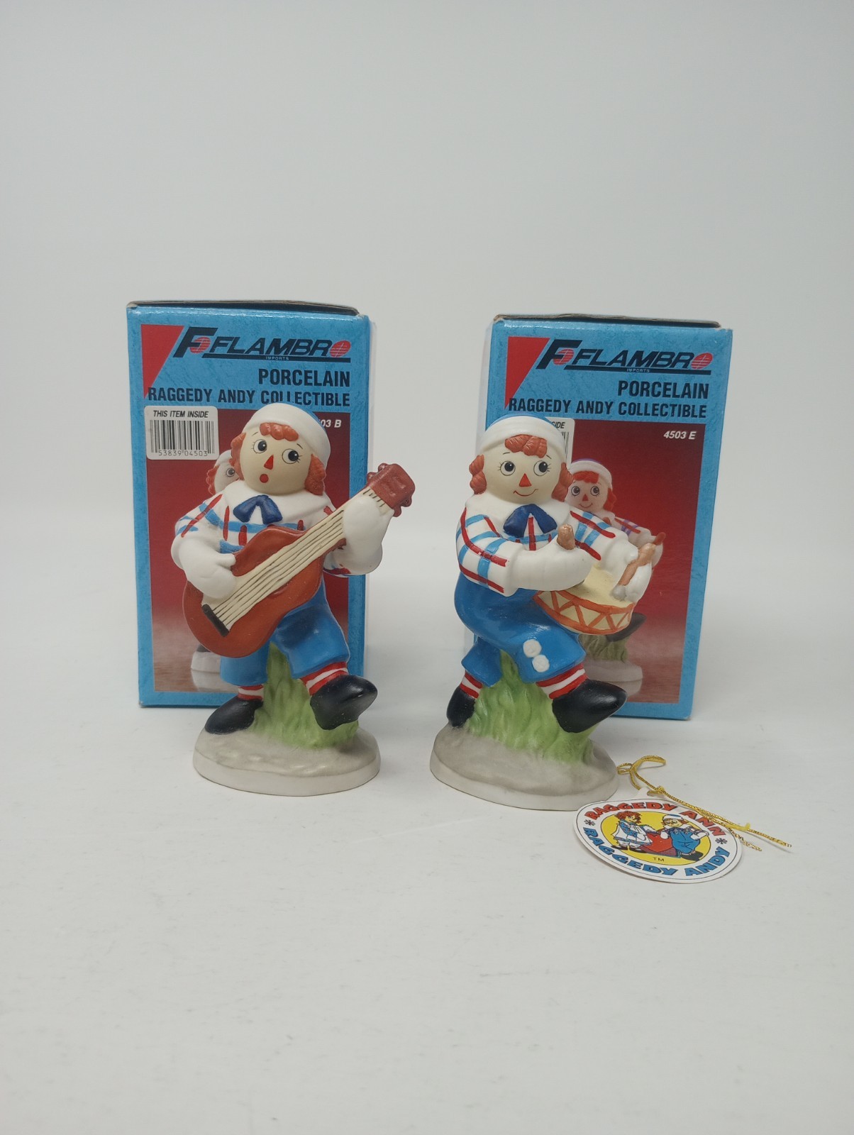 (2) Vintage Flambro 1990 Porcelain Raggedy Andy Collectables 4503 B/E in Box 