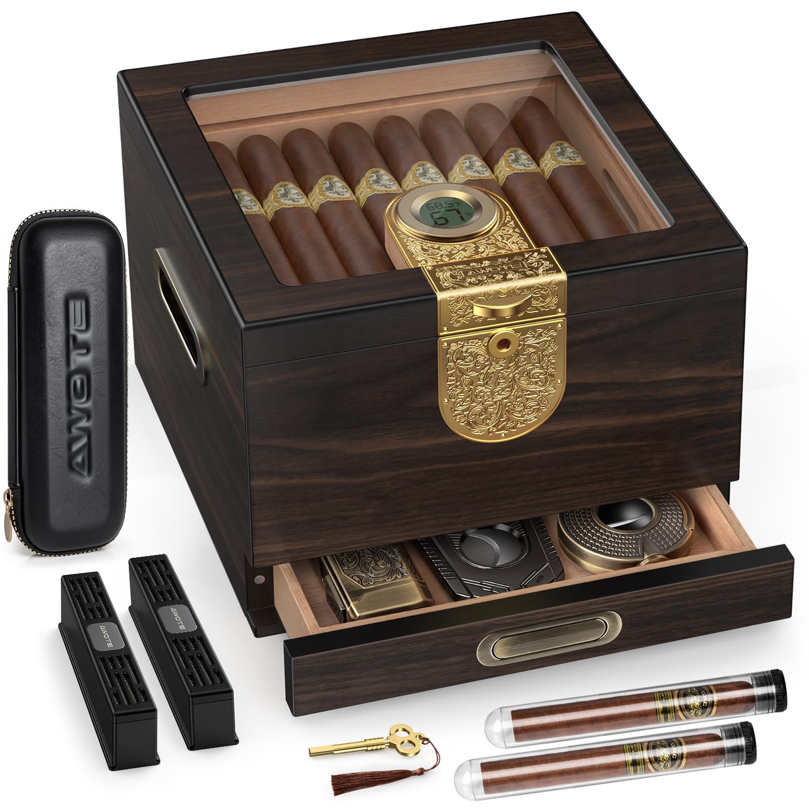AWOTE Cedar Wood Humidor Cigar Box with Digital Hygrometer & Accessory Drawer AWOTE Cedar Wood Humidor Cigar Box with Digital Hygrometer & Accessory Drawer