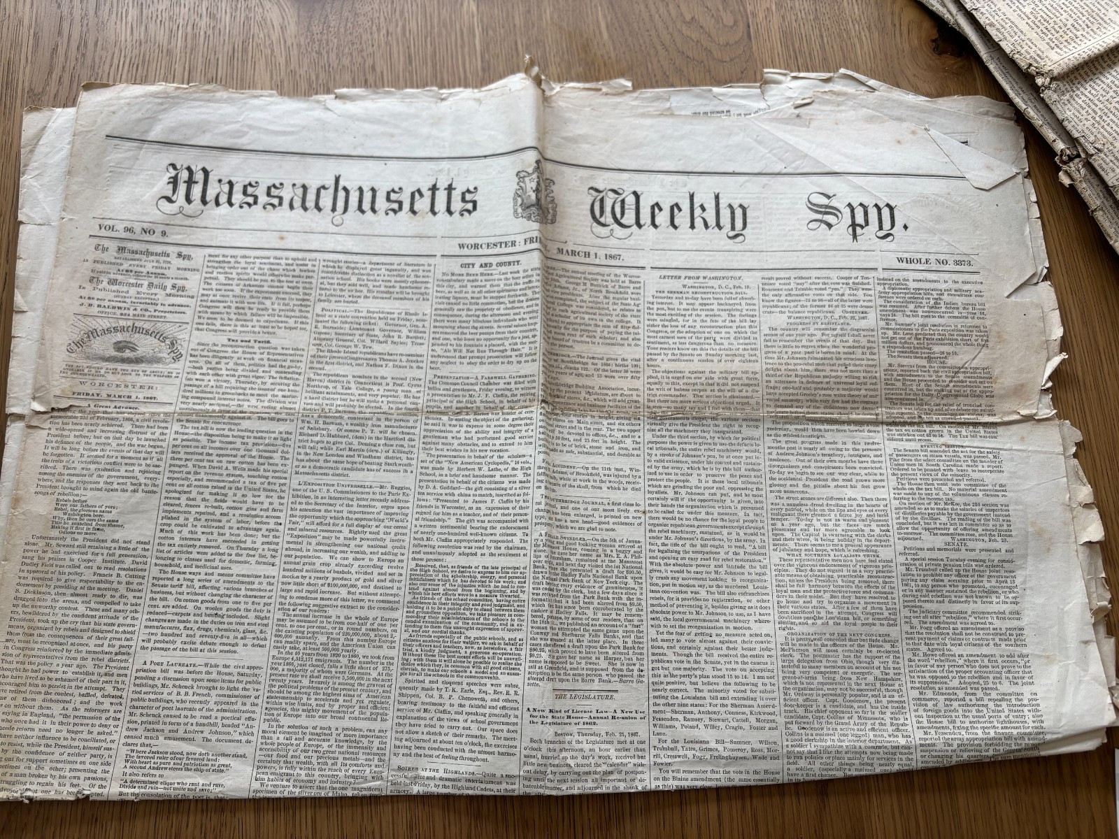 1867 PAPER MASSACHUSETTS WEEKLY SPY /WORCESTER /NO MORE BEER HERE RECONSTRUCTION 1867 PAPER MASSACHUSETTS WEEKLY SPY /WORCESTER /NO MORE BEER HERE RECONSTRUCTION