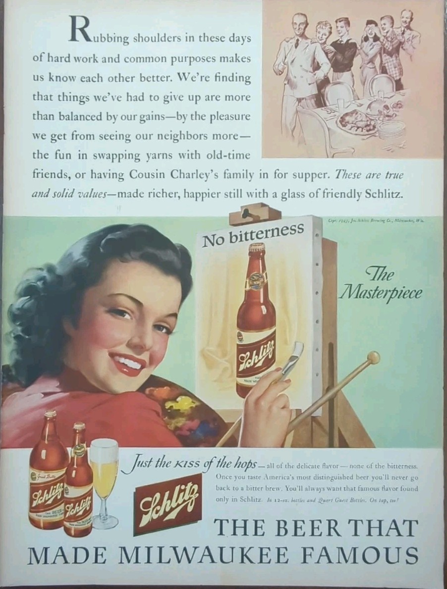1943 Schlitz Milwaukee Beer, WW2 Era Print Ad For Wall Framing 