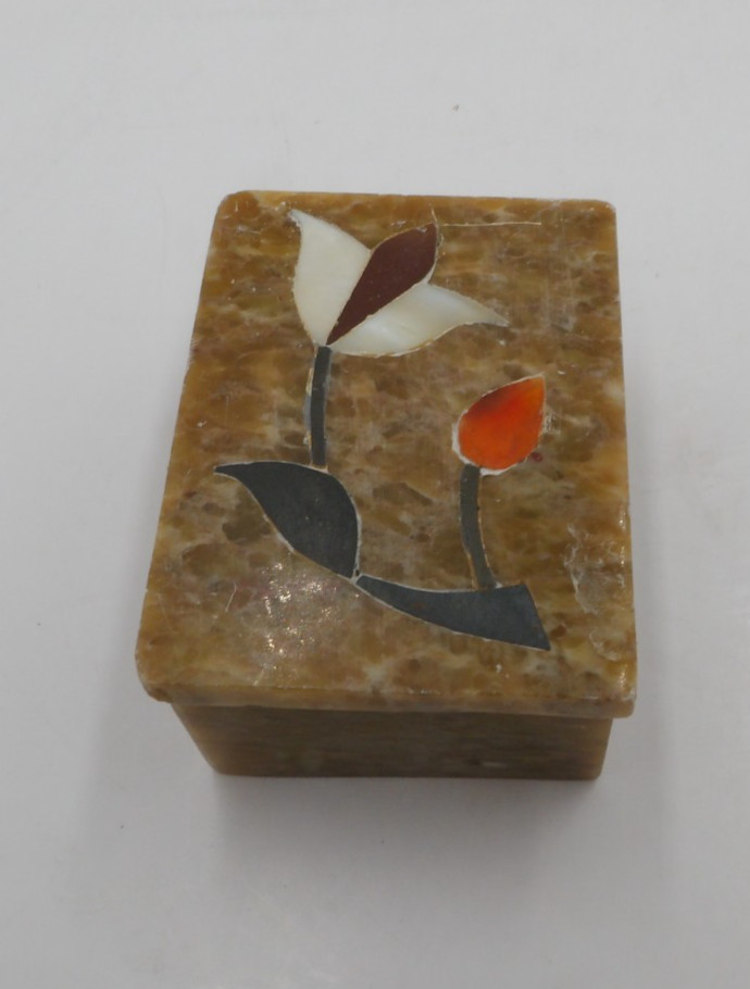 Vintage Rectangular Stone Marble Trinket Box with Floral Design, Very Small Vintage Rectangular Stone Marble Trinket Box with Floral Design, Very Small