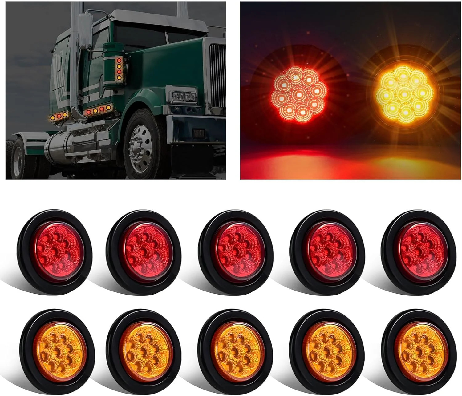10Pack(5 Amber + 5 Red) 2" 9 LED Round Trailer Side Marker Light Grommet Flush M 10Pack(5 Amber + 5 Red) 2" 9 LED Round Trailer Side Marker Light Grommet Flush M