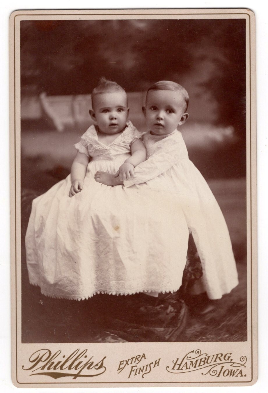 TWO ADORABLE IDENTIFIED BABIES IN WHITE GOWNS : HAMBURG, IOWA : CABINET CARD TWO ADORABLE IDENTIFIED BABIES IN WHITE GOWNS : HAMBURG, IOWA : CABINET CARD