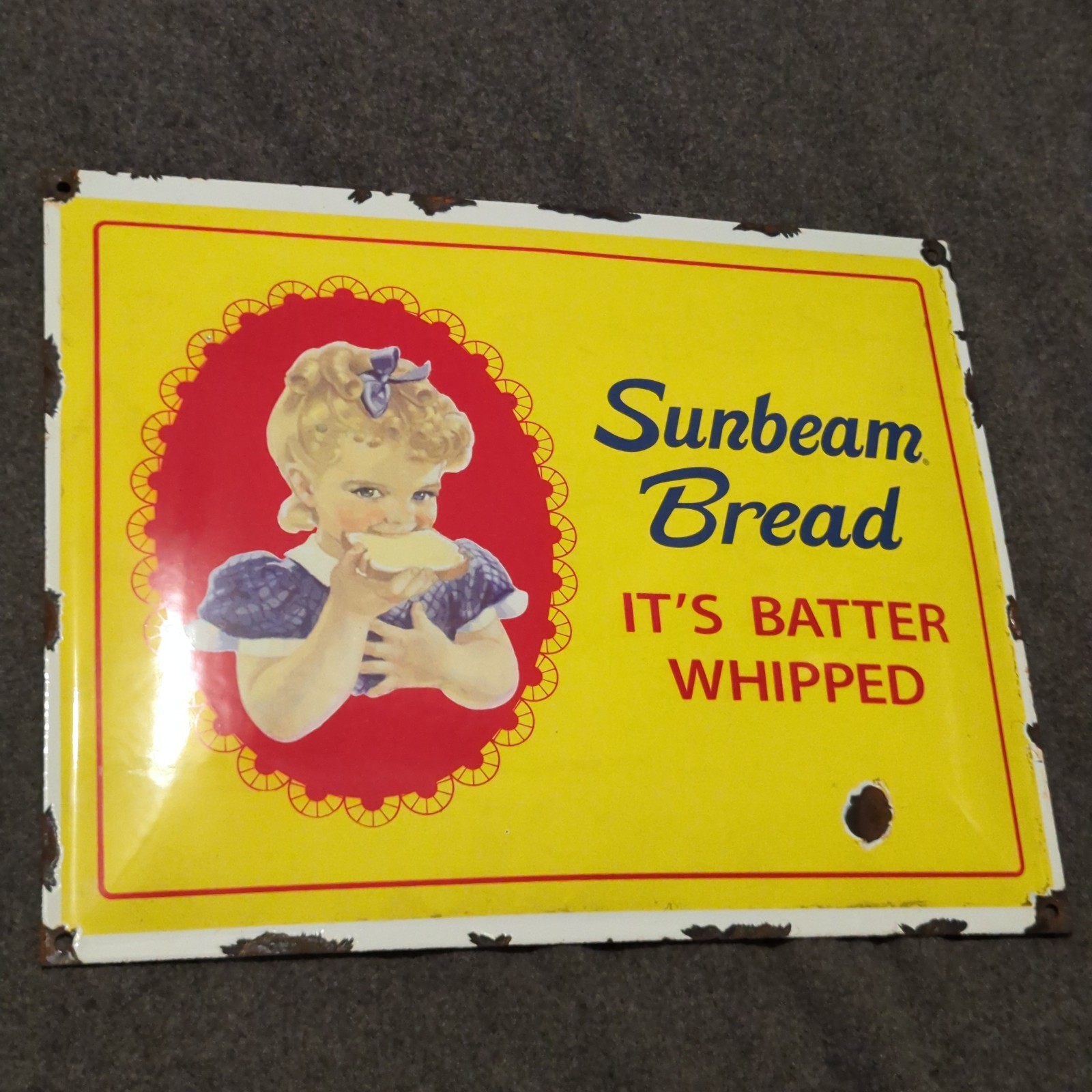 Vintage Sunbeam Bread Porcelain Enamel Sign Rare Concave Original Patina 16x13 Vintage Sunbeam Bread Porcelain Enamel Sign Rare Concave Original Patina 16x13