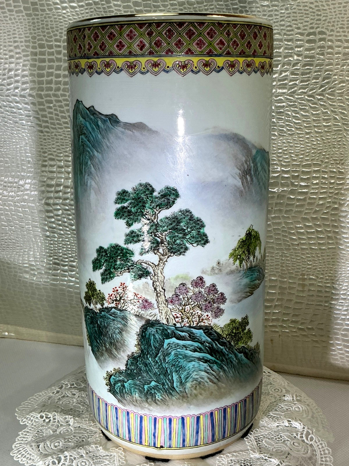 .Chinese Porcelain 17 1/2" Umbrella Stand Cylinder Vase Mountains Pagoda Vintag .Chinese Porcelain 17 1/2" Umbrella Stand Cylinder Vase Mountains Pagoda Vintag