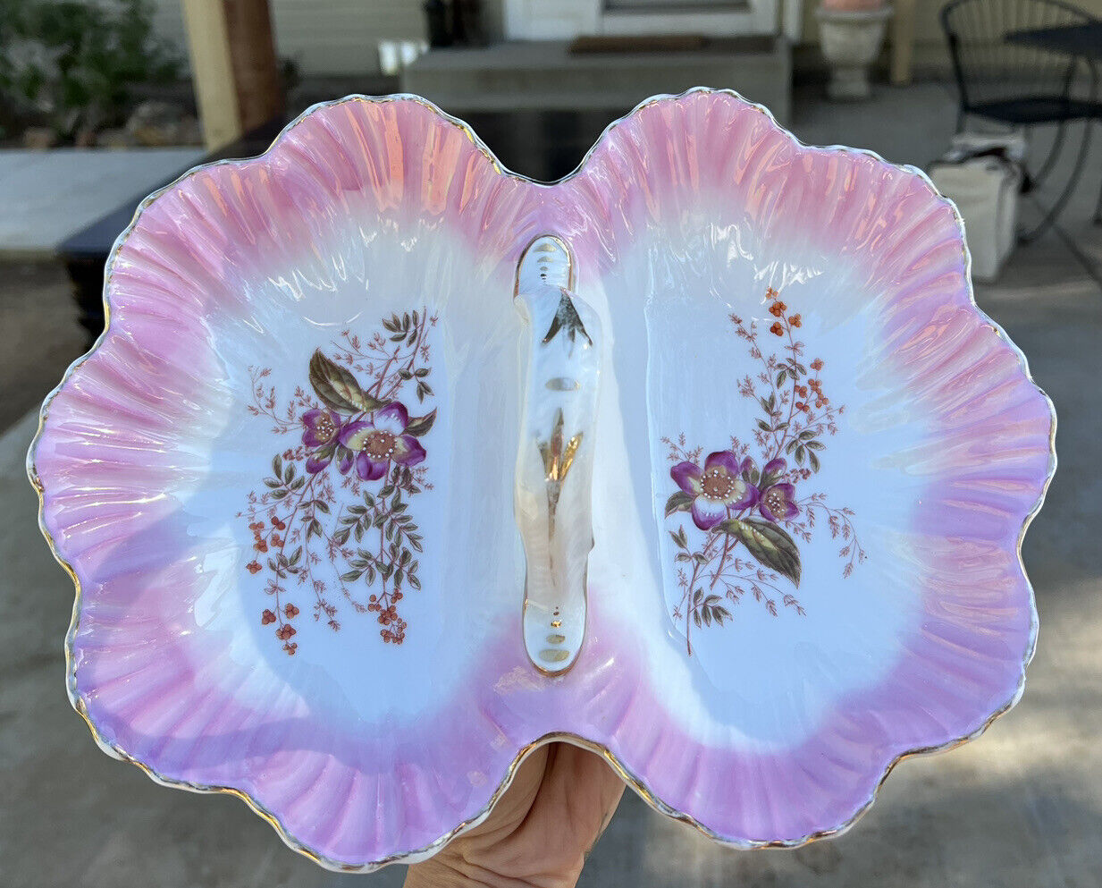 Beautiful Antique KPM Handpainted Pink Floral Gold Candy Dish w Handle 19th C