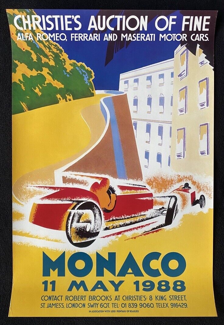 Original 1988 Christie\'s Monaco Alfa Romeo Ferrari Maserati Car Auction Poster 