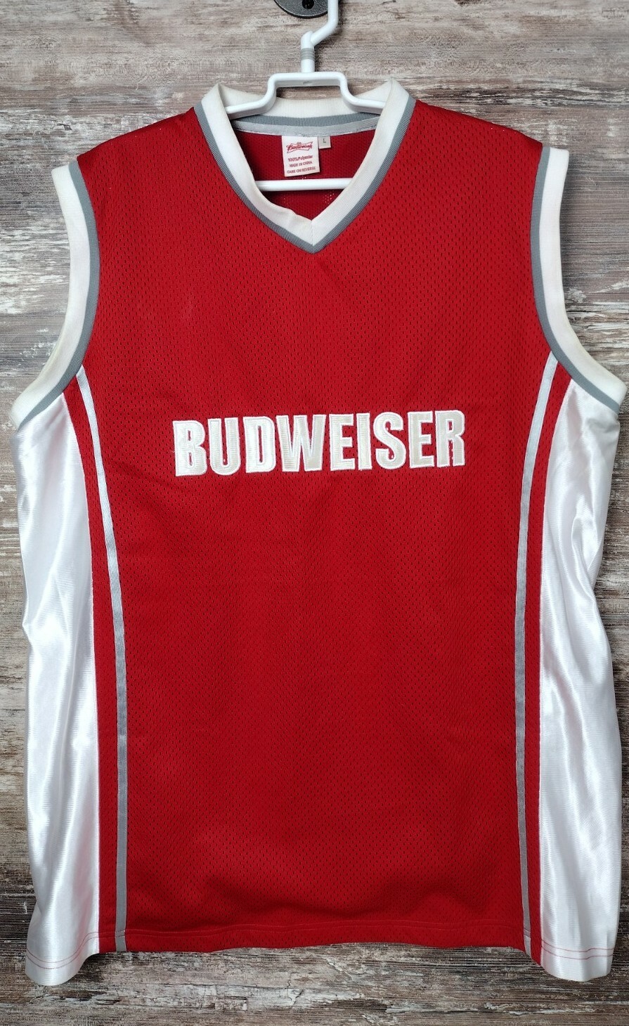 BUDWEISER Official Shirt Sleeveless Jersey Thick Red DBL Mesh Bud Embroidered L BUDWEISER Official Shirt Sleeveless Jersey Thick Red DBL Mesh Bud Embroidered L