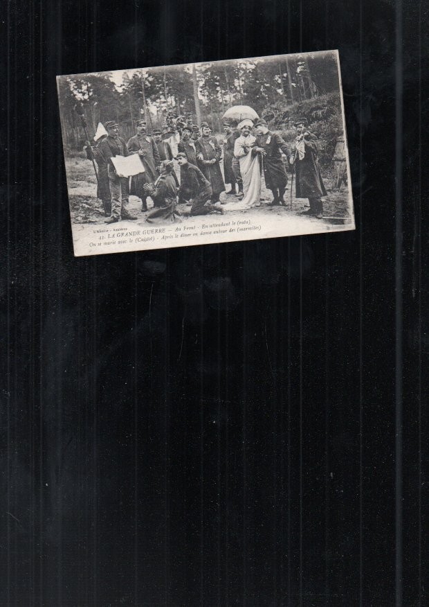 Old postcard while waiting for the rata at the front we marry with cook dance around pot Old postcard while waiting for the rata at the front we marry with cook dance around pot