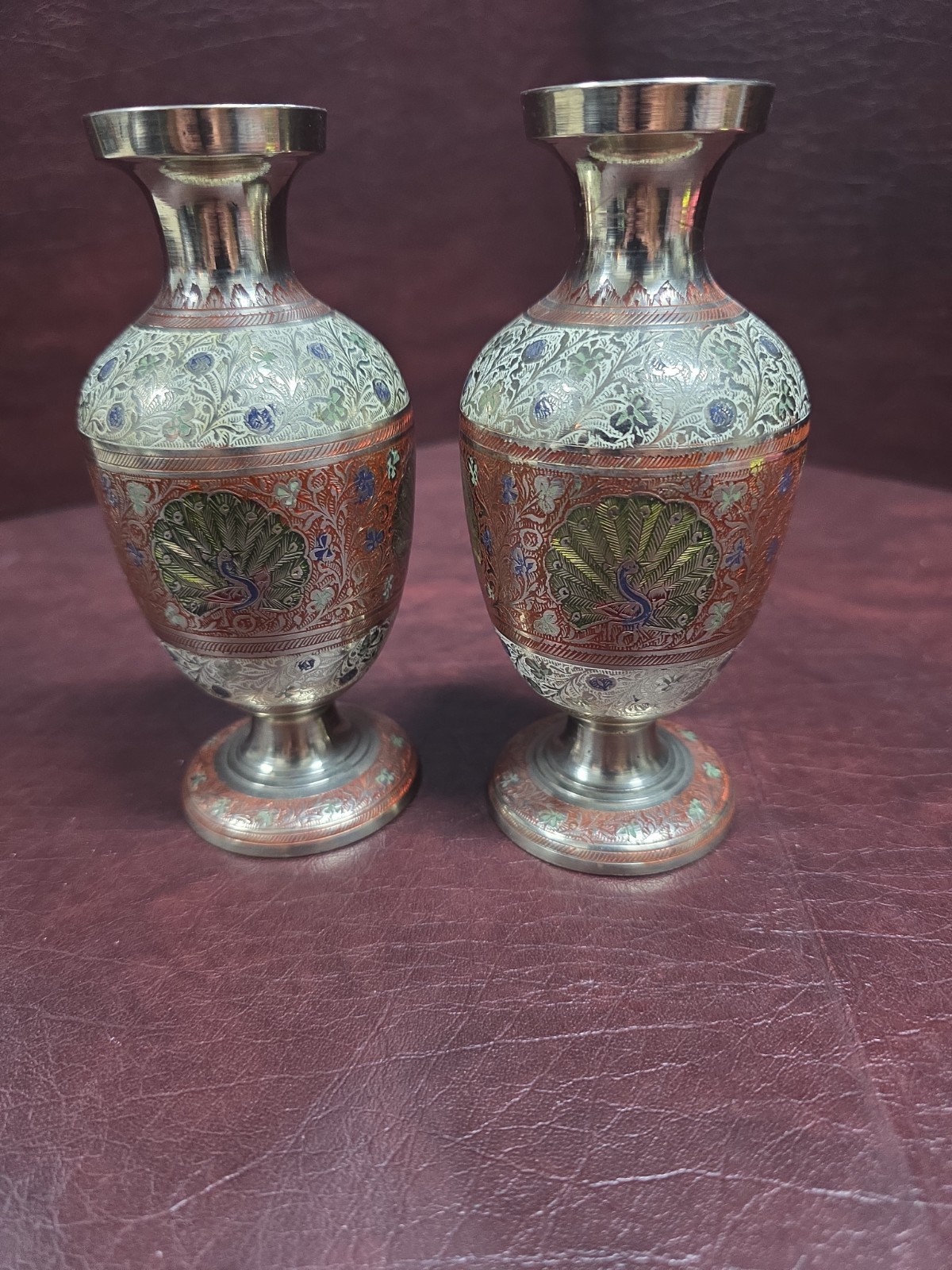Pair Of Vintage Indian Brass Vase with Etching and Painted Peacock Designs Pair Of Vintage Indian Brass Vase with Etching and Painted Peacock Designs