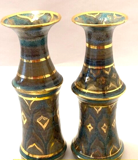 VTG RARE Candle Stick Holders Artist Retro MCM Teal Blue Gold Pair 8.5 in Ornate