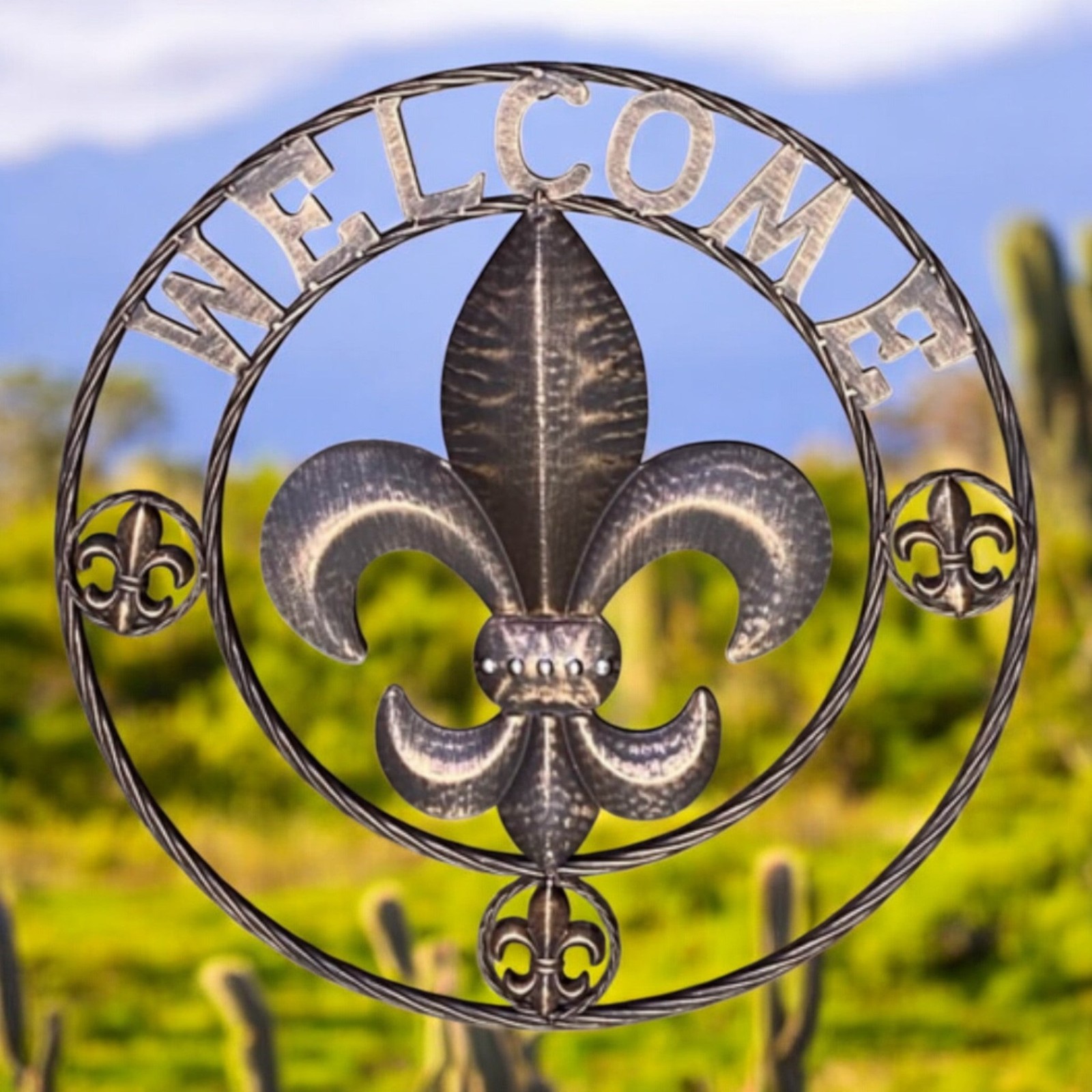 Fleur De Lis Welcome 24 Inch Plaque, Rustic Copper Metal Fleur De Lis Welcome 24 Inch Plaque, Rustic Copper Metal