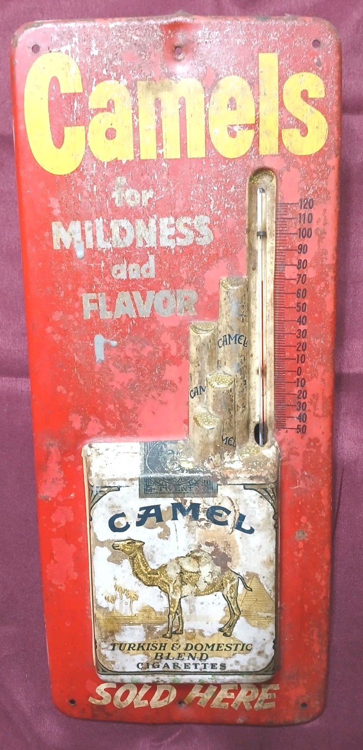 Vintage 1950's CAMELS Cigarette Advertising Sign w/ Working Thermometer