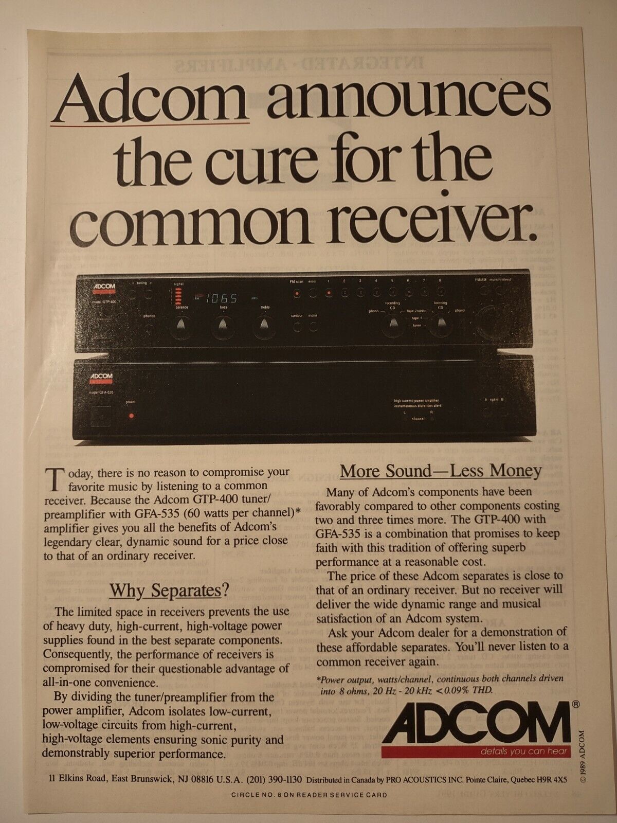 Adcom GFA 535 Amplifier Cure for Common Receiver Vintage Print Ad