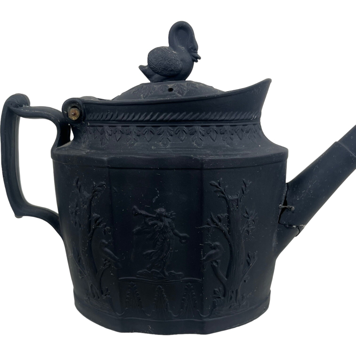Antique Late 18th Early 19th Cen Black Basalt Teapot Swan Finial Make Do Repairs Antique Late 18th Early 19th Cen Black Basalt Teapot Swan Finial Make Do Repairs