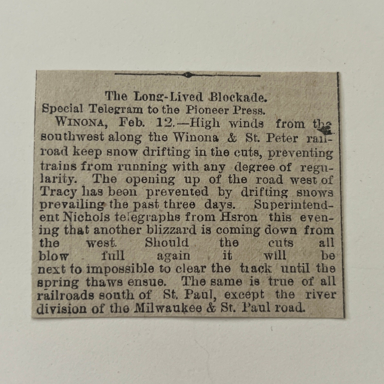 The Long-Lived Blockade Winona 1883 St. Paul MN Clipping SAI2-S21 The Long-Lived Blockade Winona 1883 St. Paul MN Clipping SAI2-S21