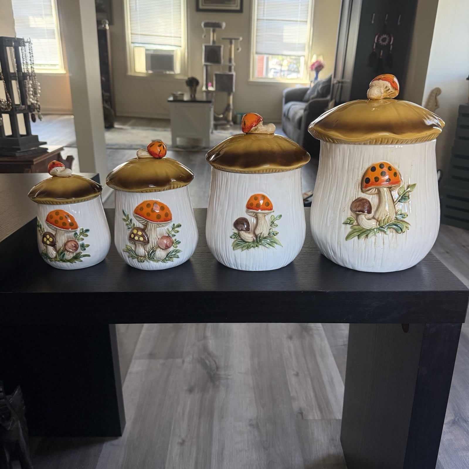 Vintage 1978 Sears Roebuck Merry Mushroom Ceramic Canisters ~ Set of 4 Japan Vintage 1978 Sears Roebuck Merry Mushroom Ceramic Canisters ~ Set of 4 Japan