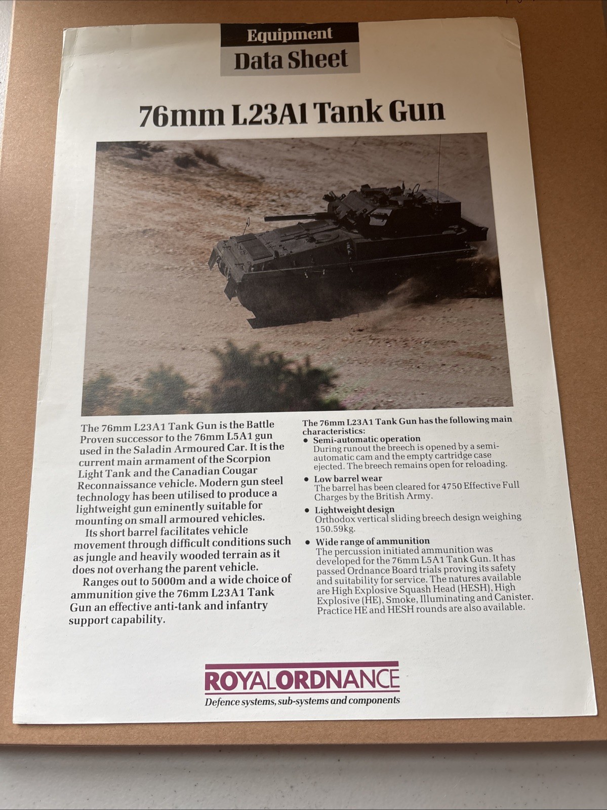 Vintage Royal Ordnance 76MM L23A1 Tank Gun (Canadian Cougar Recon Vehicle) Sheet
