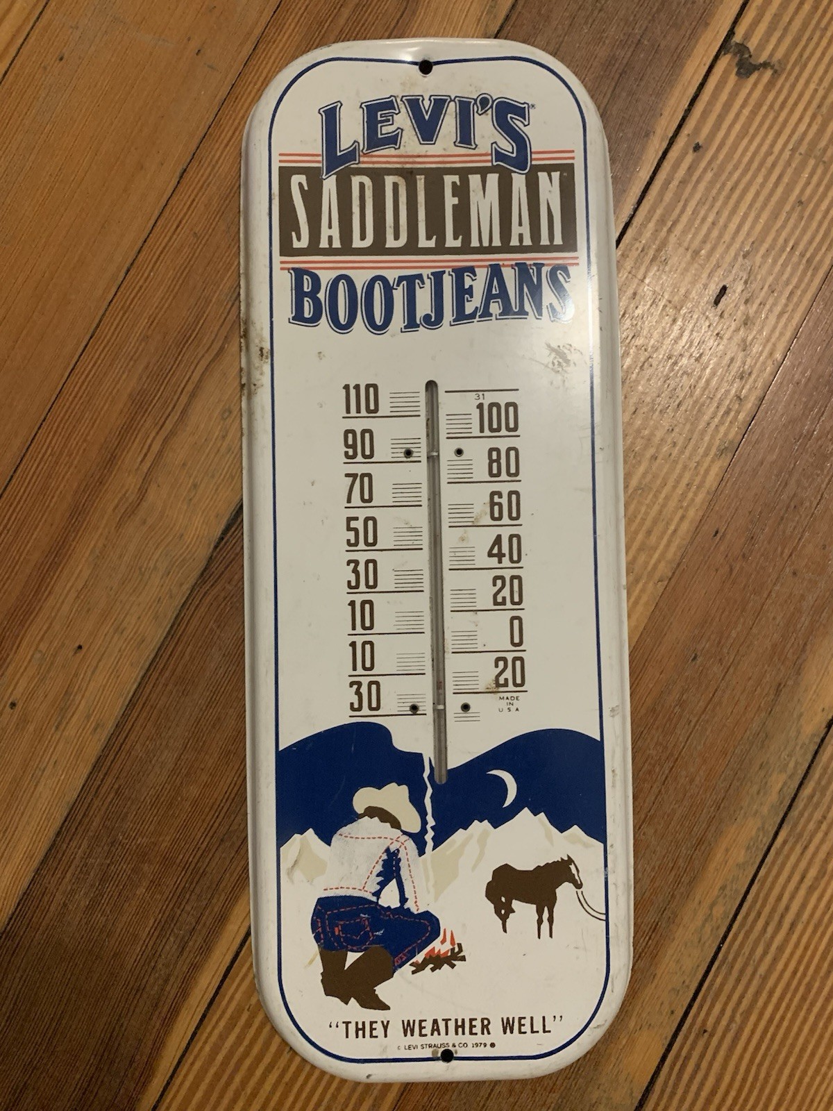 Vintage 1979 Levi’s Saddleman Bootjeans Advertising Metal Thermometer Sign Vintage 1979 Levi’s Saddleman Bootjeans Advertising Metal Thermometer Sign