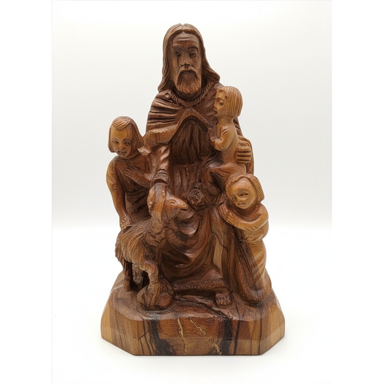 Vintage 1996 Signed AHMED SUNU Bethlehem Olive Wood Carving Jesus Children 8"