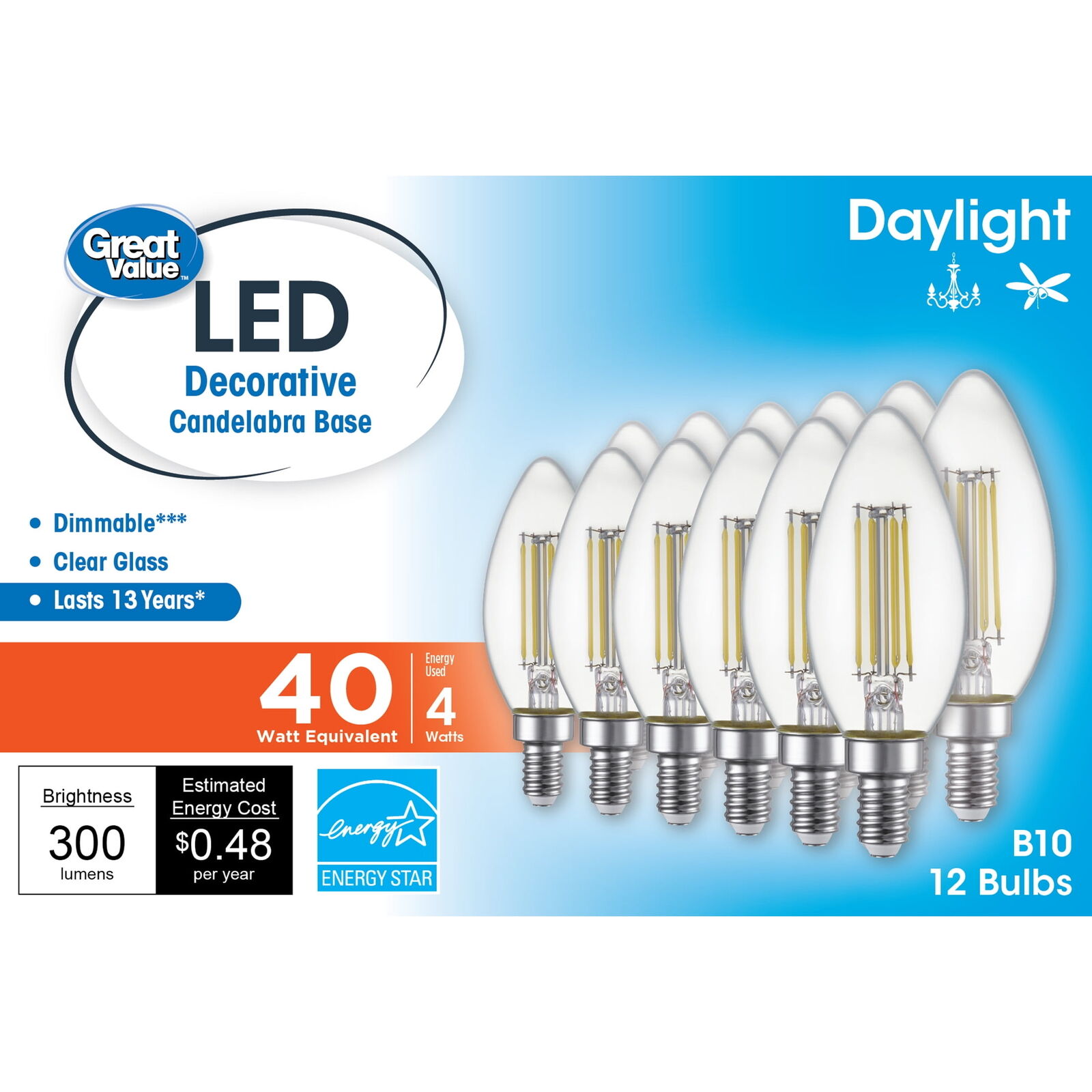 Great Value LED Light Bulb, Dimmable, Daylight, 12-Pack