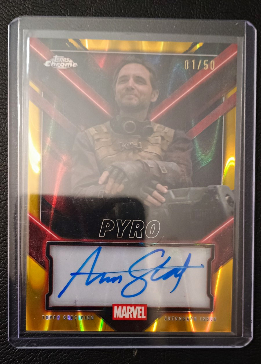 Topps 2025 Deadpool Chrome Deadpool & Wolverine Pyro Aaron Stanford Auto 01/50 Topps 2025 Deadpool Chrome Deadpool & Wolverine Pyro Aaron Stanford Auto 01/50