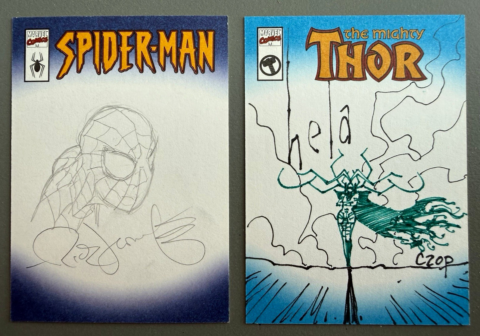 Marvel Legends 2001 Custom Cover Sketch Cards (2) • SPIDER-MAN • THOR — Rare Marvel Legends 2001 Custom Cover Sketch Cards (2) • SPIDER-MAN • THOR — Rare