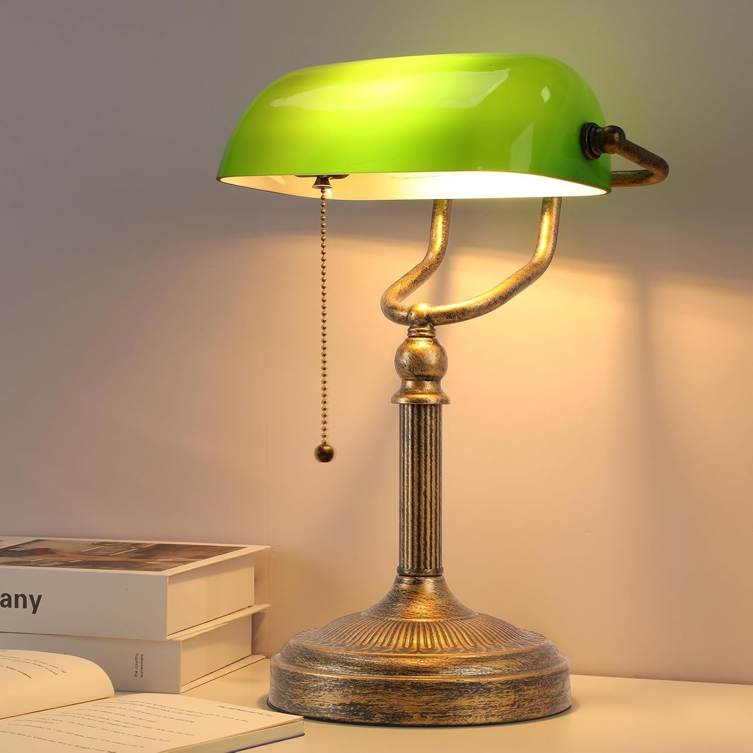 Bankers Desk Lamp, Green Glass Shade, Vintage Desk Lamp with Pull Chain Switch, Bankers Desk Lamp, Green Glass Shade, Vintage Desk Lamp with Pull Chain Switch,