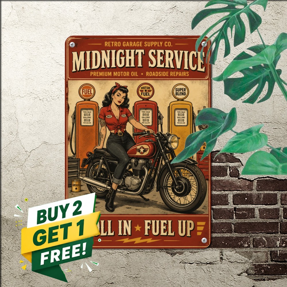 Vintage Biker Lady Gas Station Sign Retro Motorcycle Garage Wall Metal Plaque Vintage Biker Lady Gas Station Sign Retro Motorcycle Garage Wall Metal Plaque
