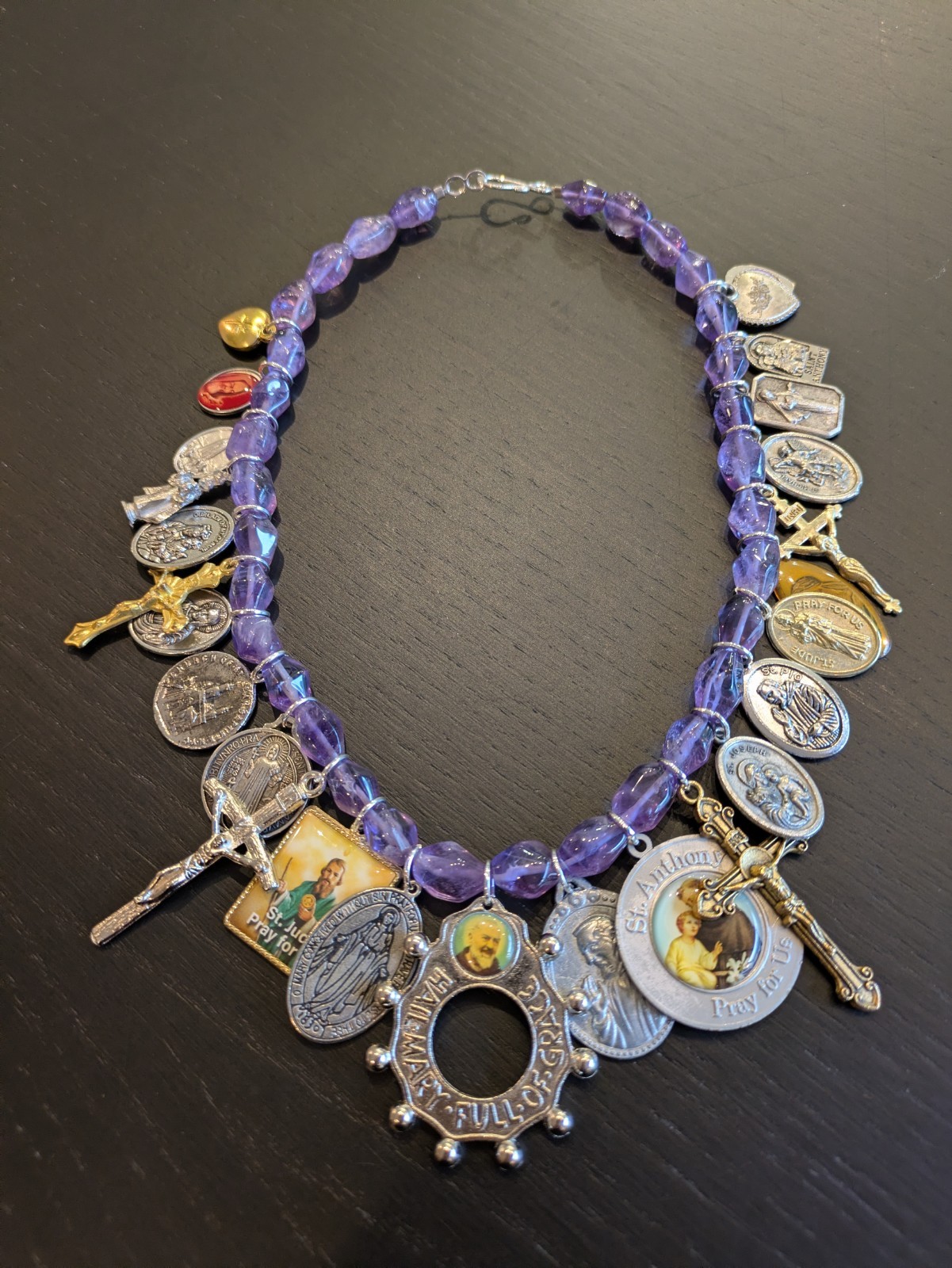 Artisan Catholic Devotional Necklace W/ Vintage Medals/Crucifixes & Amethyst 17" Artisan Catholic Devotional Necklace W/ Vintage Medals/Crucifixes & Amethyst 17"