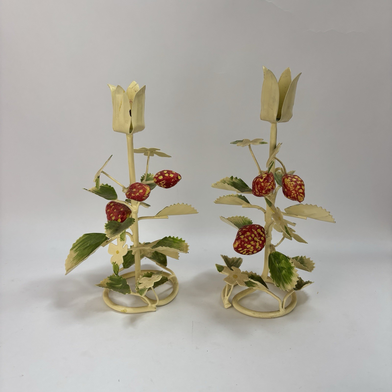 (2) Vintage Italian Tole Strawberry Metal Candle Holder Cream Red (2) Vintage Italian Tole Strawberry Metal Candle Holder Cream Red