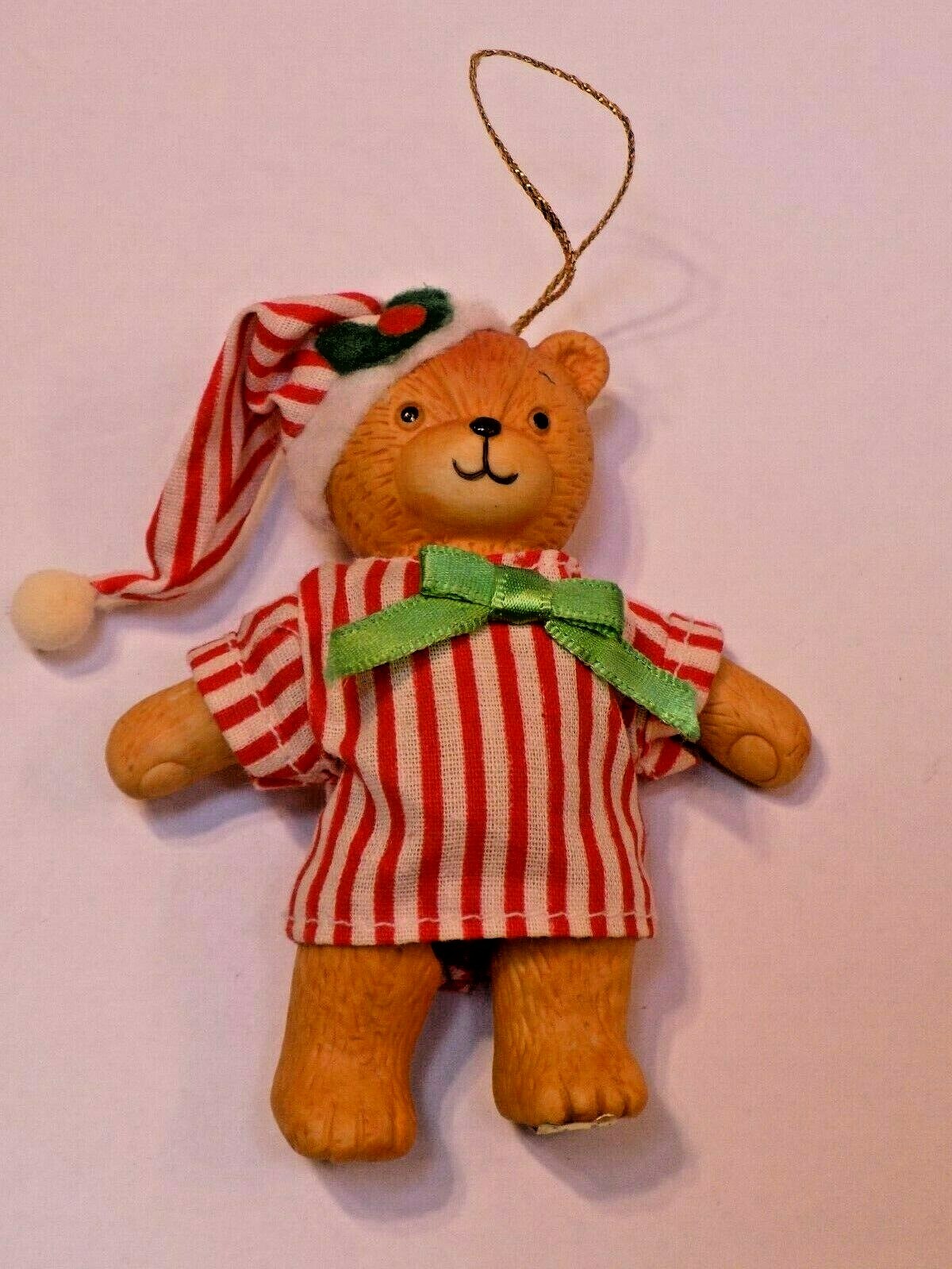 Enesco 1984 Porcelain Teddy Bear Red Stripe Christmas 4"Joined Lucy Ornament Box Enesco 1984 Porcelain Teddy Bear Red Stripe Christmas 4"Joined Lucy Ornament Box