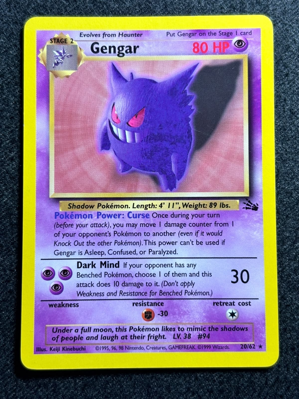 Gengar 20/62 Pokemon Card 1999 Fossil Set Vintage WOTC Non Holo Rare VLP Gengar 20/62 Pokemon Card 1999 Fossil Set Vintage WOTC Non Holo Rare VLP
