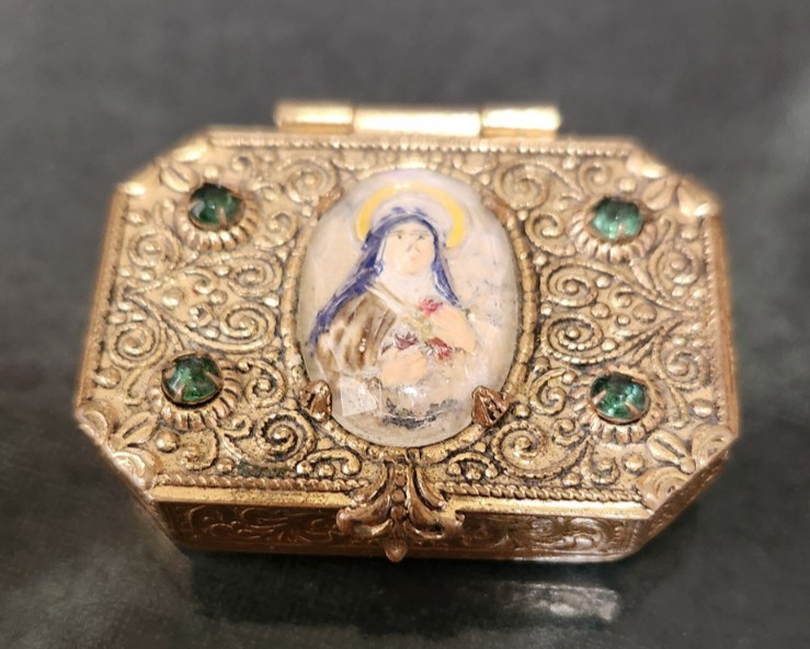 Antique French Rosary Box St Therese Glass Pink Beads Brass Crucifix France