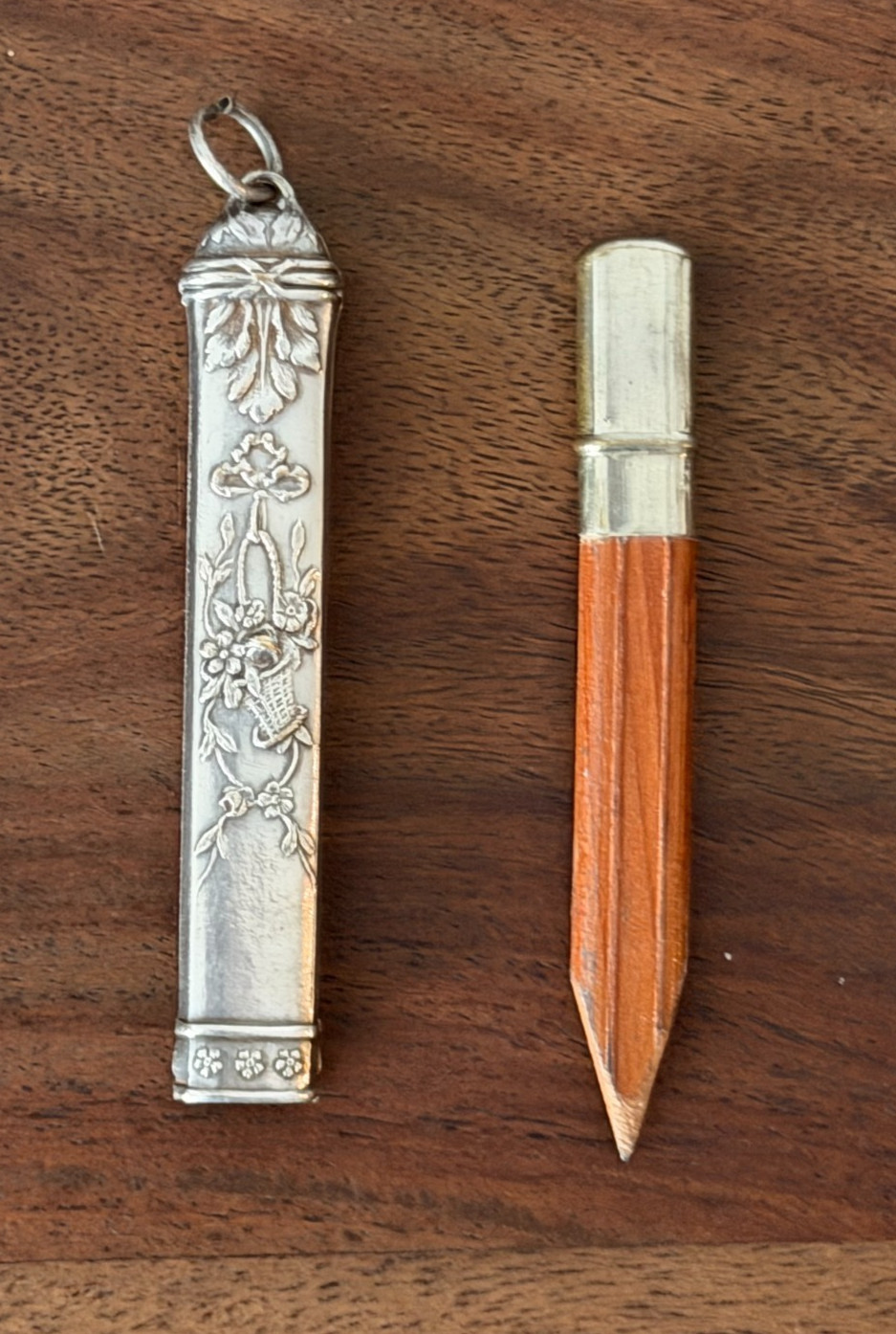 Antique Victorian Chatelaine Pencil Holder Floral Basket Repousse Fob c1900 Antique Victorian Chatelaine Pencil Holder Floral Basket Repousse Fob c1900