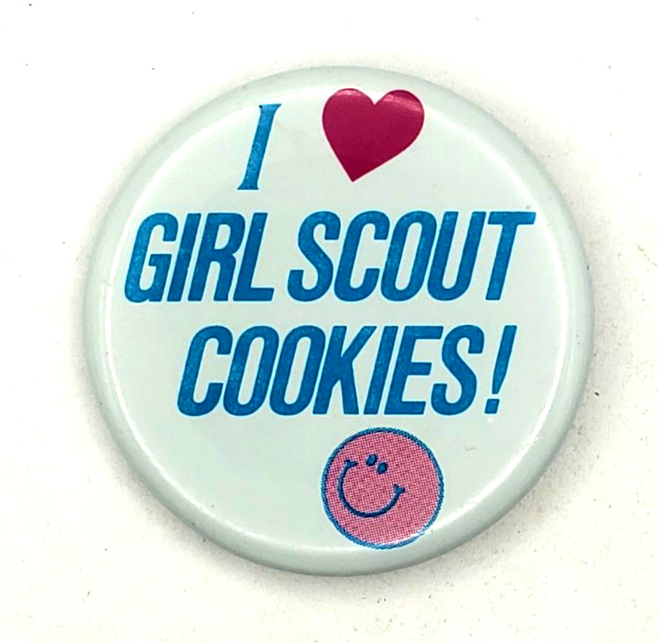 I Love Heart Girl Scout Cookies Metal Pinback Button w Happy Face I Love Heart Girl Scout Cookies Metal Pinback Button w Happy Face