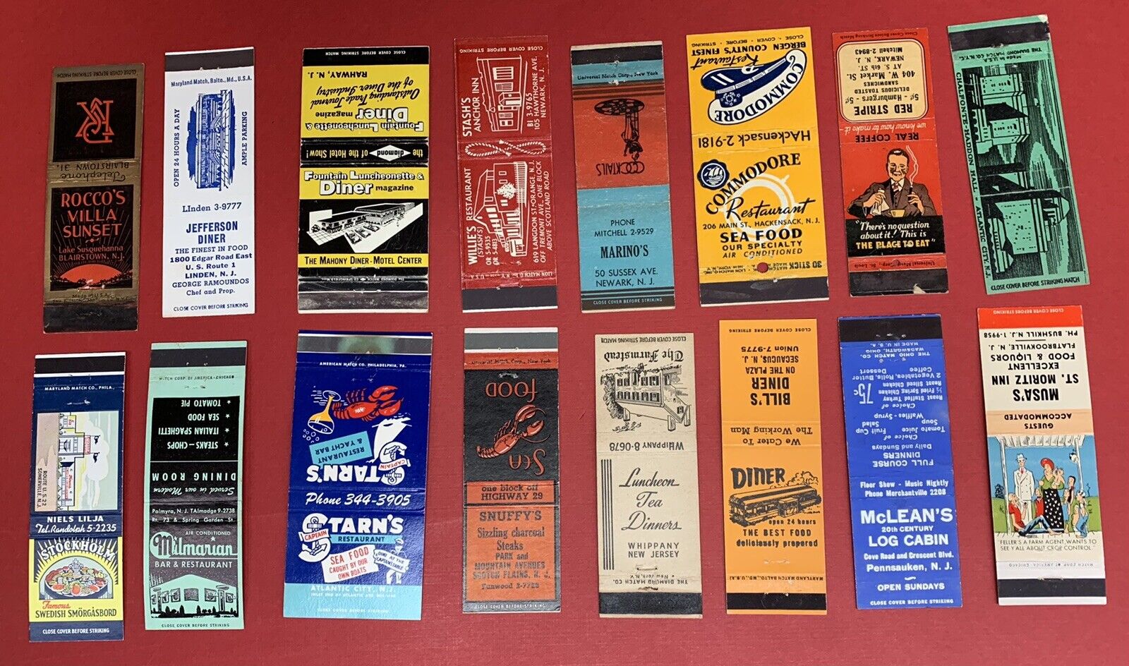 16 Different, Early New Jersey Restaurants Matchbook Covers, Circa 1940\'s-1970\'s