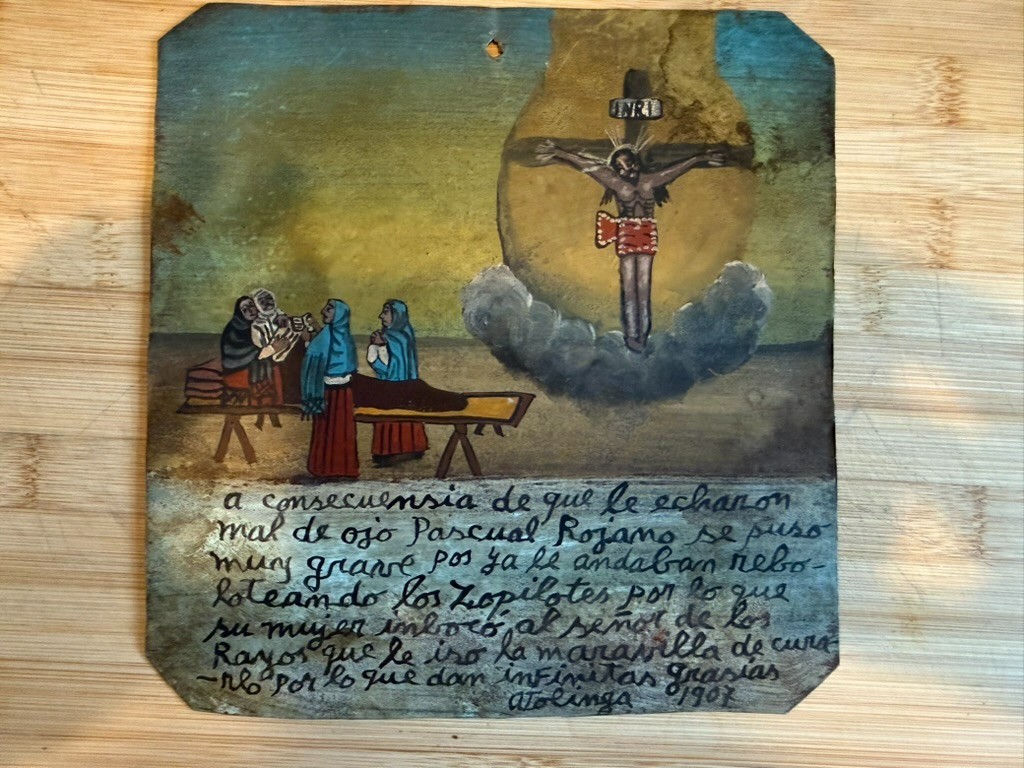 Antique Religious Art - 1907 Rare Mexican Folk Art Authentic Ex-Voto on Tin Antique Religious Art - 1907 Rare Mexican Folk Art Authentic Ex-Voto on Tin