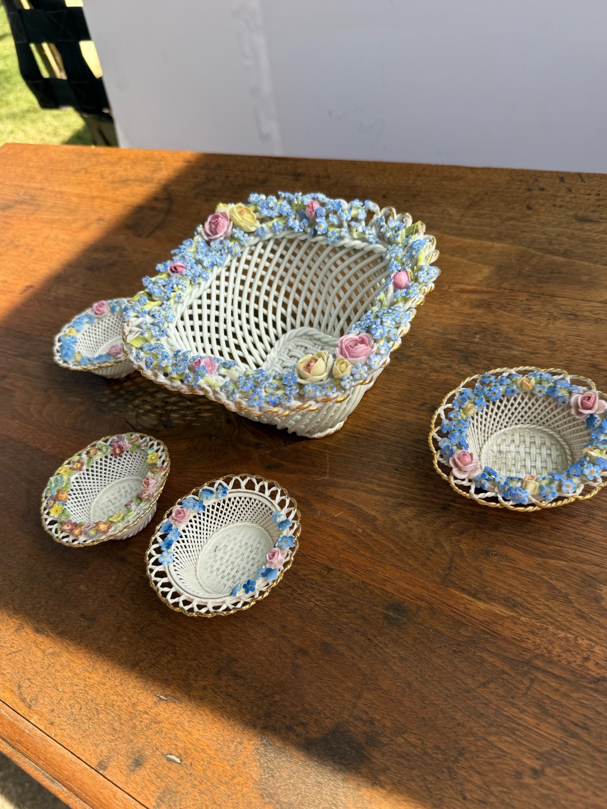 Antique German Dresden Porcelain Floral Basket Set Applied Flowers Roses 5 Pc Antique German Dresden Porcelain Floral Basket Set Applied Flowers Roses 5 Pc