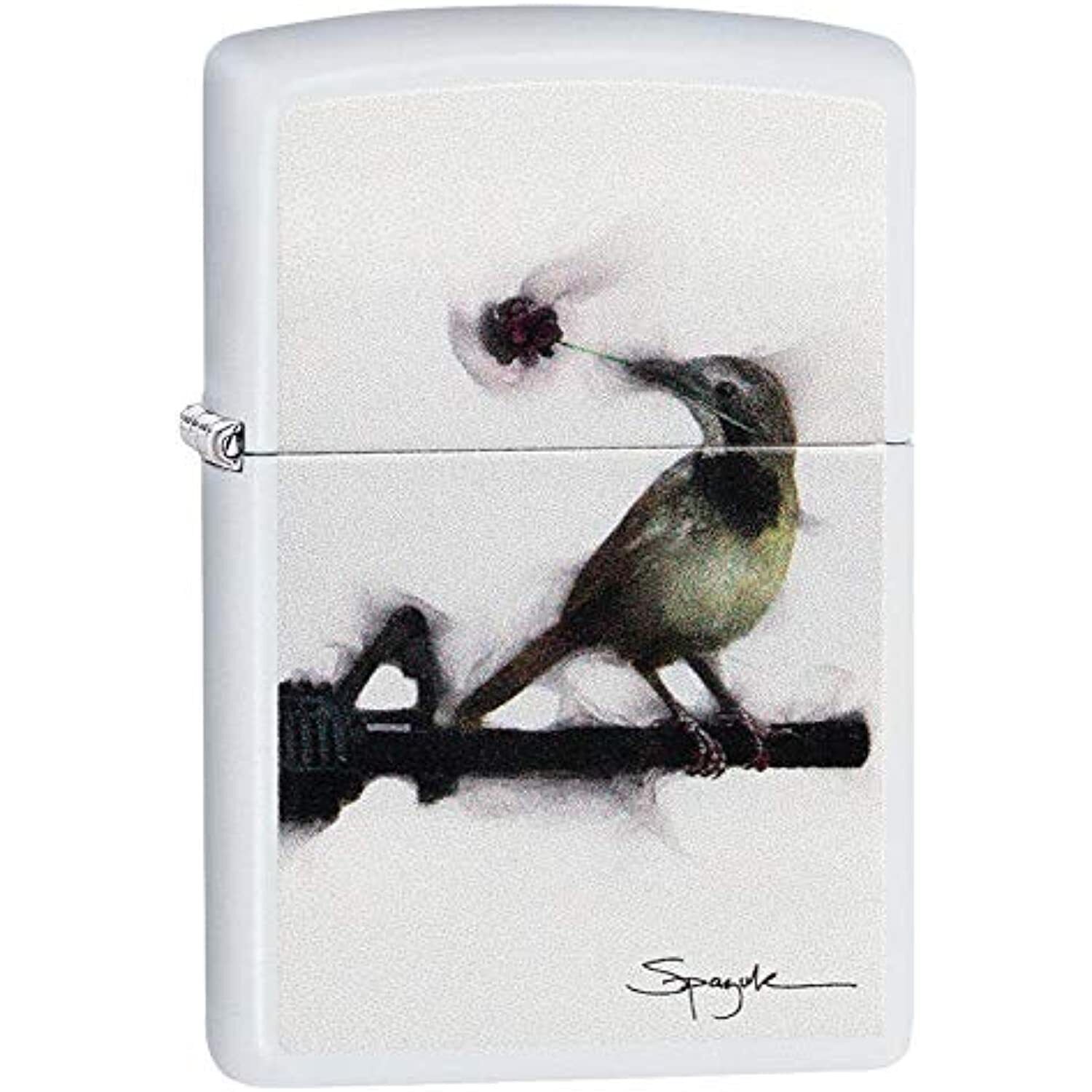 Zippo Artist Steven Spazuk White Matte Bird Holding a Rose Pocket Lighter 29895